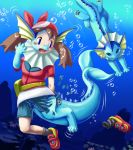 blue_eyes brown_hair bubble edmol haruka_(pokemon) hat pokemon shoes skirt transformation underwater vaporeon