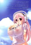  1girl big_breasts blush breasts cute food hair headphones highres huge_breasts ice_cream large_breasts lick licking long_hair nipples nitroplus pink_hair popsicle red_eyes solo sonico soniko super_sonico 