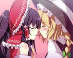  2girls bare_shoulders black_hair blonde_hair blush bow braid closed_eyes female hair hair_bow hair_tubes hakurei_reimu hat headgear kirisame_marisa long_hair multiple_girls pocky pocky_kiss ponytail shared_food shefu single_braid touhou witch_hat yuri 