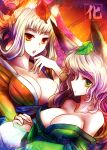 2girls animal_ears bare_shoulders big_breasts breasts cleavage fox_ears green_eyes hair japanese_clothes kara_(color) kimono kongiku lantern large_breasts leaf leaf_on_head long_hair multiple_girls object_on_head oboro_muramasa off_shoulder orange_eyes oriental_umbrella paper_lantern silver_hair umbrella white_hair yukata yuzuruha