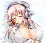  1girl big_breasts breasts censored cleavage closed_eyes disembodied_penis hair headphones kouki_kuu large_breasts long_hair lying magic_penis nitroplus penis pink_hair pointless_censoring sleeping solo_focus sonico soniko super_sonico 