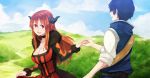 blush breasts choker cleavage dress fur_trim grass hair_ornament hand_holding hao_(patinnko) horns long_hair maou_(maoyuu) maoyuu_maou_yuusha open_mouth red_hair sky smile yuusha_(maoyuu)