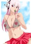 1girl big_breasts bikini_top breasts candy cleavage cloud covered_nipples erect_nipples halterneck headphones heart large_breasts lips lollipop long_hair looking_at_viewer nail_polish navel nitroplus pasties pink_eyes pink_hair skirt sky solo super_sonico underboob yurikawa