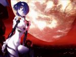  1girl blue_hair breasts city_lights full_moon hair_ornament high_res moon neon_genesis_evangelion plugsuit red_eyes rei_ayanami short_hair solo takahirokun 