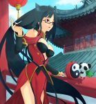 arc_system_works black_hair blazblue blazblue:_calamity_trigger breasts glasses lao_jiu litchi_faye_ling long_hair natsunuts pagoda panda red_eyes smile very_long_hair yin_yang