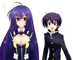  1boy 1girl ahoge black_hair blue_hair cleavage_cutout kumagawa_misogi kurokami_medaka long_hair lowres medaka_box purple_eyes red_eyes school_uniform short_hair uniform 