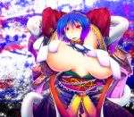  1girl black_panties blue_hair bouncing_breasts breasts curvy endou_tatsumi female hand_behind_head huge_breasts japanese_clothes long_skirt no_bra open_skirt panties red_eyes short_hair skirt snake solo standing tongue touhou yasaka_kanako 