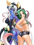 2girls ass back bare_shoulders belt bikini bikini_top blue_skin blush green_eyes green_hair hair hands_on_hips high_res hyourin_no_mahiro lips long_hair looking_at_viewer looking_back monster_girl multicolored_hair multiple_girls pointy_ears sasayuki seisougetsu shinrabanshou short_hair short_shorts shorts smile striped striped_bikini striped_swimsuit swimsuit tail white_background