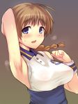 1girl ahoge arm_up armpit_hair armpits blue_eyes blush braid breasts brown_background brown_hair em eyebrows hair_tie long_hair lynette_bishop open_mouth simple_background single_braid sleeveless solo strike_witches sweat wristband