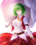  1girl ascot belt blush breasts green_hair holding kazami_yuuka looking_at_viewer nikonikosiro plaid plaid_vest red_eyes short_hair skirt smile solo touhou umbrella white_background 