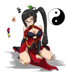  1girl bare_shoulders big_breasts black_bra black_hair blazblue bra breasts china_dress chinese_clothes cleavage cleavage_cutout detached_sleeves glasses hair_ornament hiro_made_ne_tarou lao_jiu litchi_faye_ling long_hair low-tied_long_hair panda red_eyes semi-rimless_glasses side_ponytail sitting smile solo underwear very_long_hair wariza yin_yang 