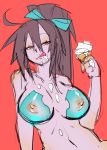 1girl ahoge bad_id big_breasts breasts brown_hair covered_nipples erect_nipples hair_ribbon half-closed_eyes ice_cream_cone large_breasts licking_lips lip_licking long_hair messy navel original pasties pink_eyes ponytail ribbon same_(g_shark) solo tongue tongue_out yeeeebis