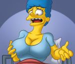 1girl 2013 big_breasts breasts chadrocco clothes female grab large_marge marge_simpson open_mouth scared solo the_simpsons what yellow_eyes yellow_skin