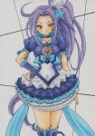  1girl blue_legwear blue_skirt boots breasts brown_eyes choker cure_beat dress earrings frills hair_ornament heart jewelry kurokawa_ellen kurokawa_eren long_hair magical_girl marker_(medium) precure purple_hair seiren_(suite_precure) side_ponytail siren_(suite_precure) skirt smile solo suite_precure thigh_boots thighhighs traditional_media yutakasan-love 