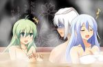 1boy 2girls antenna_hair back-to-back bathing be_(o-hoho) blue_hair blush breasts cleavage closed_eyes collarbone green_eyes green_hair hair hair_ornament kamishirasawa_keine kochiya_sanae long_hair mixed_bathing morichika_rinnosuke multicolored_hair multiple_girls musical_note naked_towel open_mouth silver_hair sweatdrop text toramaru_shou touhou towel translation_request two-tone_hair yellow_eyes