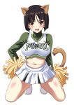 1girl animal_ears big_breasts black_hair blush body_blush breasts brown_eyes cheerleader covered_nipples embarrassed erect_nipples etou_toshiko hand_on_hip kneel kneeling kyougoku_shin large_breasts looking_at_viewer midriff navel open_mouth pom_poms shirt short_hair simple_background skirt solo strike_witches sweatdrop tail taut_clothes taut_shirt white_background