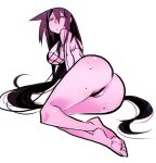 1girl absurdly_long_hair ass barefoot bikini black_hair breasts crossed_ankles huge_breasts on_side original panties pink_eyes same_(g_shark) soles solo sweat swimsuit thong toes underboob underwear