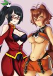  2girls animal_ears antenna_hair arc_system_works bare_shoulders big_breasts black_hair black_panties blazblue blazblue:_calamity_trigger blazblue:_continuum_shift blush bra breasts brown_eyes brown_hair china_dress chinese_clothes cleavage_cutout crop_top dress glasses hair hair_ornament highleg highleg_panties lao_jiu large_breasts lips litchi_faye_ling long_hair makoto_nanaya midriff miniskirt multiple_girls navel panda panties ponytail purple_eyes semi-rimless_glasses short_hair silhouette skirt slender_waist squirrel_ears squirrel_tail stockings tail thighhighs underboob underwear yappy 