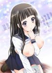  1girl arino_hiroshi black_hair blush breasts breasts_outside chitanda_eru hyouka large_breasts long_hair nipples purple_eyes school_uniform serafuku solo 