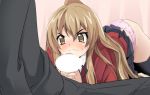  1boy 1girl aisaka_taiga all_fours brown_eyes brown_hair censored date_(artist) date_(senpen) fellatio frown oral panties penis penis_awe pink_panties ribbon skirt skirt_lift solo_focus taiga_aisaka thighhighs toradora! underwear upskirt 