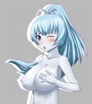  1girl aoi_(gegege_no_kitarou) bad_id blue_eyes blue_hair blush breast_grab breasts gegege_no_kitaro gegege_no_kitarou grabbing hair_ribbon huge_breasts long_hair nipples nude one_eye_closed open_mouth pale_skin ponytail ribbon solo sugamo touei wink yuki-onna yuki_onna yuki_onna_(gegege_no_kitarou) 