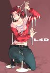  1girl bare_shoulders belt blue_eyes brown_hair bukkake collarbone cum cum_all_over cum_on_clothes cum_on_hair denim g-room_honten hips jeans left_4_dead panties pants ponytail shoes sneakers solo squat squatting thong torn_clothes underwear wide_hips zoey zoey_(left4dead) 