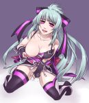 1girl akira_(pixiv) beatmania beatmania_iidx blue_hair boots breasts cleavage clothes_aside empty_eyes fingering fingerless_gloves gloves hair_ribbon kanzaki_saya large_breasts long_hair masturbation namaenadonai nipple_pull nipples no_panties open_mouth purple_eyes pussy_juice ribbon saliva saya_(beatmania_iidx) sitting skirt smile solo sweat thigh_boots thigh_high_boots thighhighs