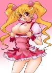  1girl blonde_hair breasts choker cure_peach drill_hair earrings expose fresh_precure! fresh_pretty_cure fresh_pretty_cure! hair_ornament jewelry long_hair magical_girl masakichi_(heppouku) momozono_love nipples no_panties pink_eyes precure pretty_cure pussy rabu_momozono ribbon smile twintails uncensored 