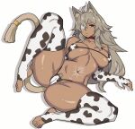  1girl big_ass big_breasts bikini cow_print cow_thights ghislaine_dedoldia gray_hair long_hair muscular_female potatoartox seductive spread_legs tail wolf_girl 