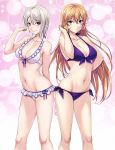 2_girls alluring arm_behind_back bare_arms bare_legs bare_shoulders big_breasts bikini blonde_hair blush breasts cleavage closed_mouth collarbone food_wars frilled_bikini frills gradient gradient_background hand_up long_hair looking_at_viewer lowleg lowleg_bikini medium_breasts multiple_girls nakiri_alice nakiri_erina navel puma_(hyuma1219) purple_background purple_bikini purple_eyes red_eyes shokugeki_no_souma short_hair side-tie_bikini silver_hair smile standing stomach swimsuit twitter_username white_bikini