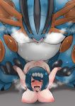 1girl big_breasts blue_hair blush breasts chouku_tetsushitsuiwa female_human human/pokemon implied_sex interspecies lana's_mother male/female mega_swampert nude pokemon pokephilia sagging_breasts short_hair size_difference swampert