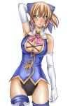 1girl 1girl alluring armpits big_breasts blush breasts cassandra_alexandra cleavage_cutout clothing_cutout covered_erect_nipples elbow_gloves gloves green_eyes metadora neck_tie pink_neckwear silf soul_calibur soulcalibur soulcalibur_iv stockings voluptuous