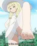  1girl barefoot blonde blonde_hair blush cameltoe clothed dress feet female female_human female_only from_below gif green_eyes hat human lillie lillie_(pokemon) looking_at_viewer outdoor outside panties pantyshot pokemon pokemon_sm soles standing standing_on_one_leg toes upskirt zorzero 