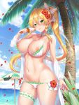 alluring beach bikini blonde_hair green_eyes ice_cream ice_cream_cone leafa ocean palm_tree sweat sword_art_online tagme