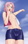 1girl abs arm_up bare_arms bike_shorts blue_eyes blue_sky blush cameltoe cloud cloudy_sky cowboy_shot crotch flat_chest green_eyes latex looking_to_the_side messy_hair naruto navel nipples okiyumi_kase one_eye_closed open_clothes open_shirt pink_hair sakura_haruno shiny shiny_clothes shirt short_hair shorts skin_tight skindentation sky sleepy solo spandex stretch unzipped vest yawn yawning zipper