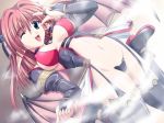  1girl big_breasts breasts brown_hair demon_girl demon_wings fangs fog game_cg garters large_breasts long_hair navel pointy_ears shera_(succubus_soon) skin_tight stockings succubu_soon! succubus succubus_soon thighhighs v wings wink 