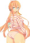 1girl ass bad_id from_behind genderswap glasses inazuma_eleven_(series) inazuma_eleven_go jeanne_d'arc_(inazuma_eleven) kirino_ranmaru long_hair looking_at_viewer looking_back memeo_(candy_house) mouth_hold orange_hair panties simple_background smile solo underwear very_long_hair white_background