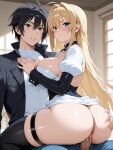1boy 1girl ai_generated ass black_hair blonde_hair blue_eyes couple cowgirl_position minato_sahashi penetration penis penis_in_pussy sekirei sex tsukiumi vaginal vaginal_penetration vaginal_sex