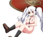  1girl between_breasts black_legwear breasts eyepatch long_hair nipples nude red_eyes senran_kagura senran_kagura_(series) silver_hair sitting solo twin_tails twintails umbrella wakuwakusan wk_(low-f) yagyuu_(senran_kagura) 