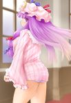 1girl ass babydoll big_breasts blush breasts crescent female hat highres kasuga_yukihito large_breasts long_hair nightgown no_pants panties patchouli_knowledge purple_eyes purple_hair revision see-through solo striped striped_panties touhou underwear window