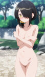  black_hair covered_nipples covering_breasts long_hair nekom14 no_bra nude_in_public one_eye_covered pussy shiunji-ke_no_kodomotachi shiunji_kotono yellow_eyes 