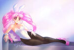 1girl aged_up alluring bare_shoulders bishoujo_senshi_sailor_moon chibi_usa high_heels kgfantasy leotard long_hair lying medium_breasts pantyhose pilow pink_eyes pink_hair playboy_bunny rabbit_ears sleeveless twin_tails very_long_hair