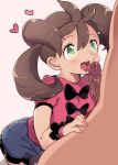 10s 1boy 1girl blush brown_hair clothed_female_nude_male fellatio green_eyes hair heart licking licking_penis nishio_(nishioc) oral penis pokemon pokemon_(game) pokemon_xy quad_tails sana_(pokemon) shauna tongue tongue_out