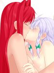 2girls bare_shoulders closed_eyes hair hong_meiling izayoi_sakuya kissing lavender_hair long_hair multiple_girls mutual_yuri no_headwear nude red_hair reizou short_hair side sweat touching touhou yuri