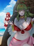 1girl 2_girls alluring big_breasts breast_peek cordelia_(fire_emblem) fire_emblem fire_emblem_awakening fire_emblem_heroes fire_emblem_warriors green_hair hidden incognigoat intelligent_systems nipple_peek ponytail red_swimsuit removing_clothing sarong smiling_at_viewer swimsuit swimsuit_aside tiki_(adult)_(fire_emblem) tiki_(fire_emblem) tiki_(fire_emblem)_(adult)