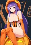  1girl big_breasts blush breasts crescent elbow_gloves female gloves halloween hat ishimiso_(ishimura) ishimura_(ishimura-ya) jack-o&#039;-lantern legs long_hair long_legs miso_(misosiruoisi) orange_hair orange_legwear patchouli_knowledge pumpkin purple_eyes purple_hair sitting solo stockings thick_thighs thighs touhou 