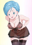 big_breasts breast_holding bulma_brief dragon_ball_super green_eyes green_hair looking_at_viewer medium_hair milf negligee nekom14 nipples_visible_through_clothing no_panties open_mouth pussy see-through_clothes stockings