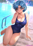 1girl alluring ami_mizuno big_breasts bishoujo_senshi_sailor_moon blue_eyes blue_hair cleavage kneel one-piece_bikini oyaman pool poolside short_hair swimming_pool swimsuit
