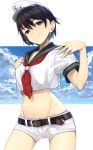  1girl anchor belt black_hair blue_eyes breast_press cloud crop_top crop_top_overhang dekappara_futoriusu female groin hat midriff mound_of_venus murasa_minamitsu navel neckerchief polka_dot sailor sailor_collar sailor_hat short_hair short_shorts shorts smile solo symbol-shaped_pupils symmetrical_docking touhou 