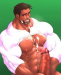 1boy bara blush censored cum facial_hair human jerking_off male male_only masturbation muscle partially_clothed penis pubic_hair solo solo_focus yaoi